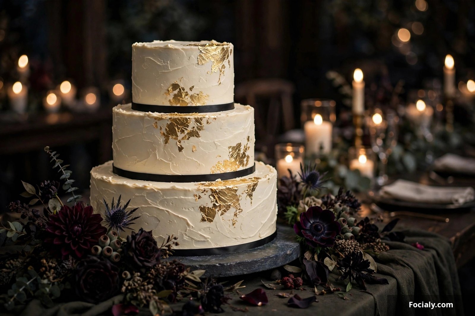 Luxurious ivory wedding cake with edible gold leaf accents and black details