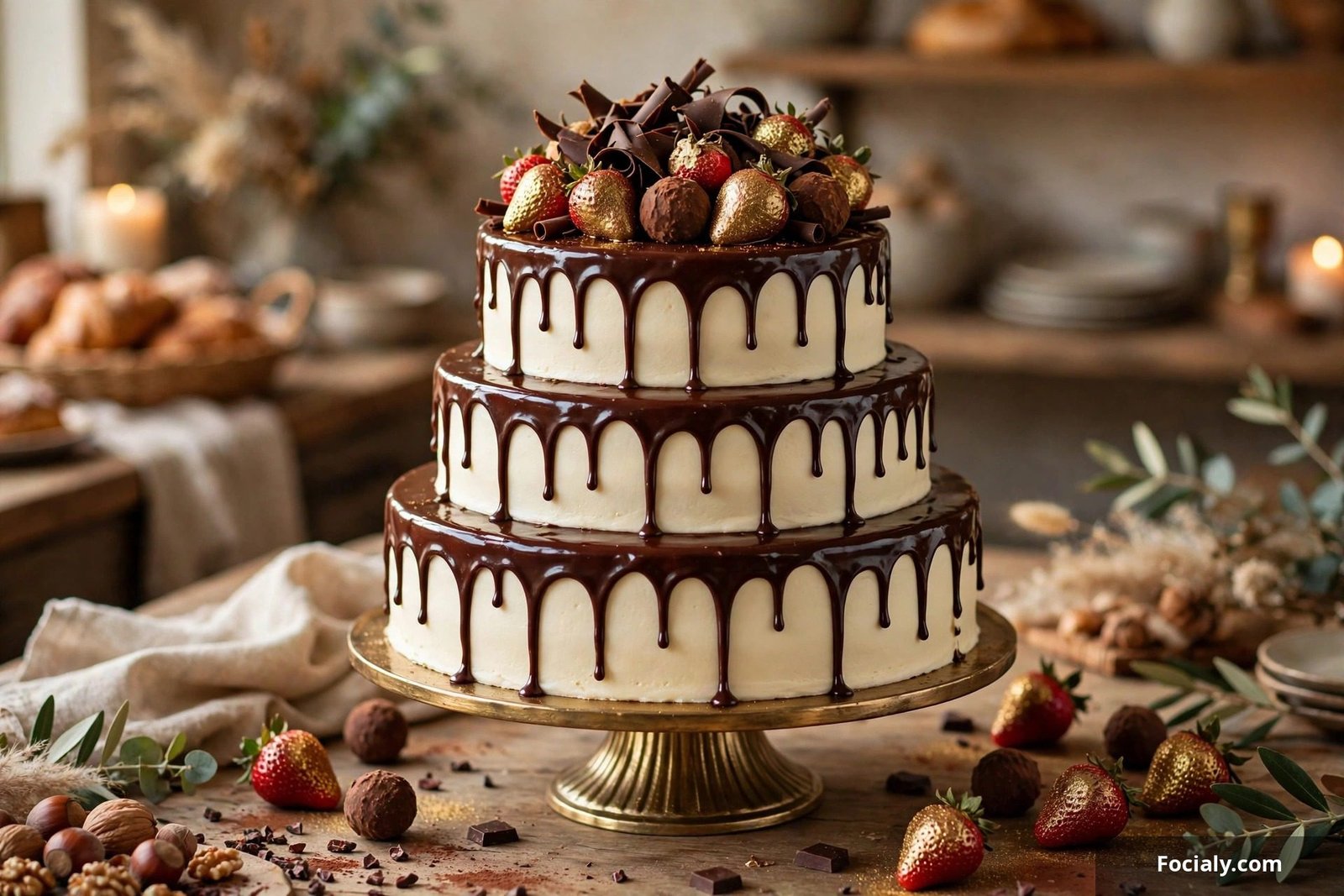 Chocolate drip wedding cake with ganache dripping down the sides and chocolate curls on top