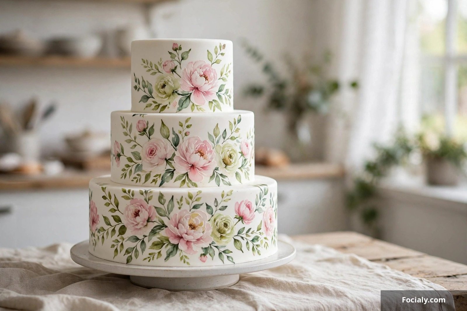 Wedding cake with hand-painted watercolor roses in soft pastel tones