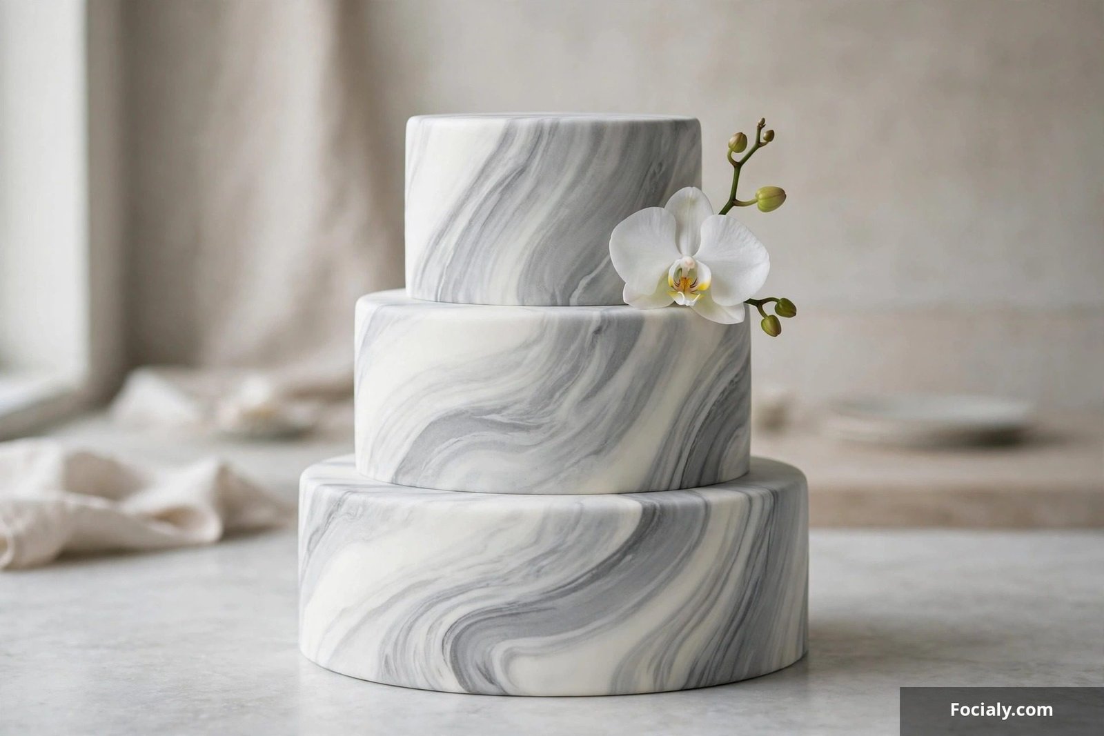 Modern grey marble effect wedding cake with white orchids
