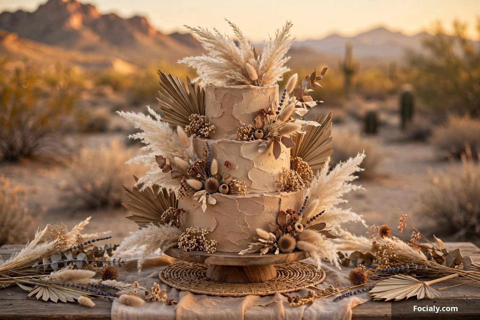 Boho wedding cake with pampas grass and dried flowers in warm taupe tones