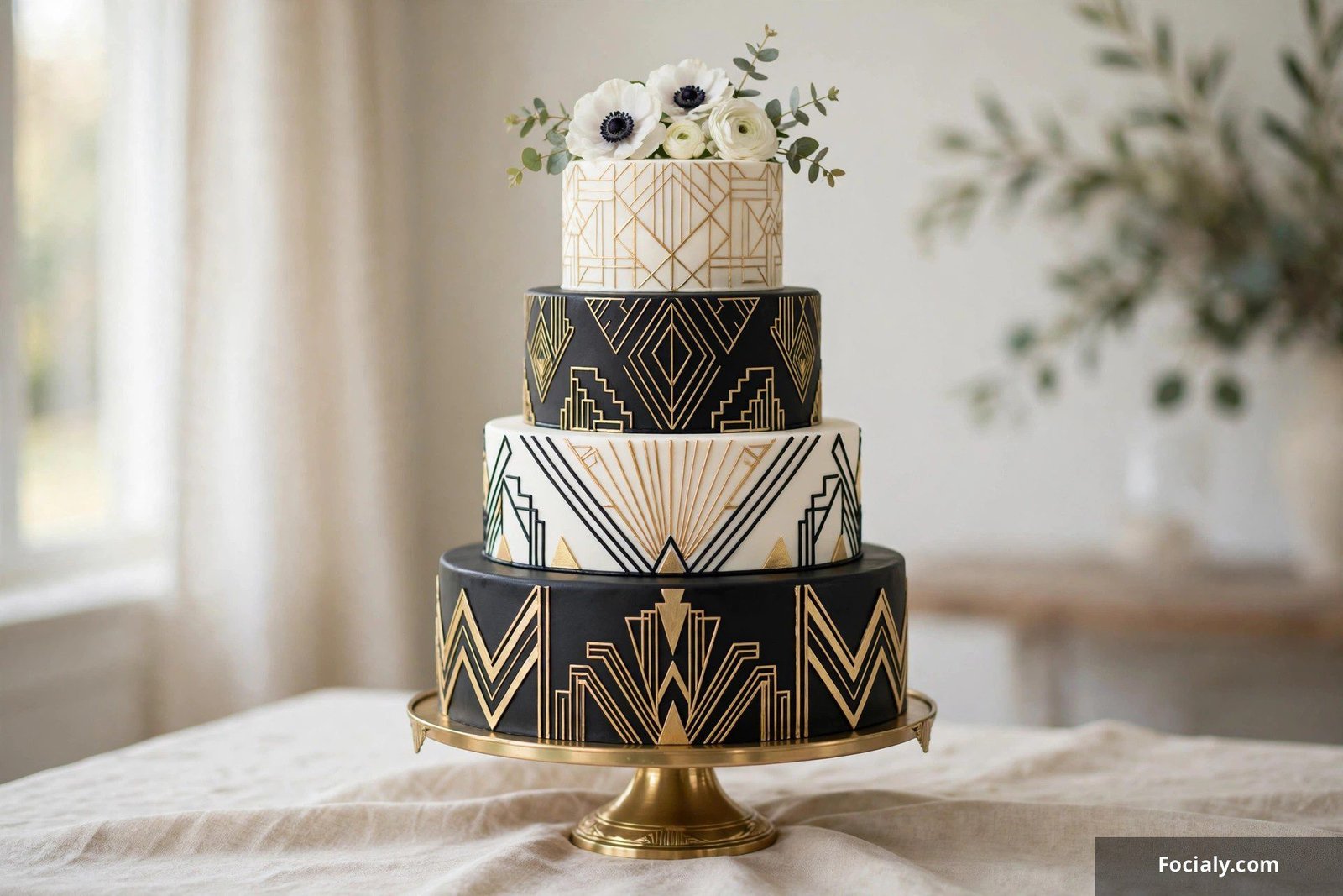 Black and white art deco wedding cake with geometric gold lines