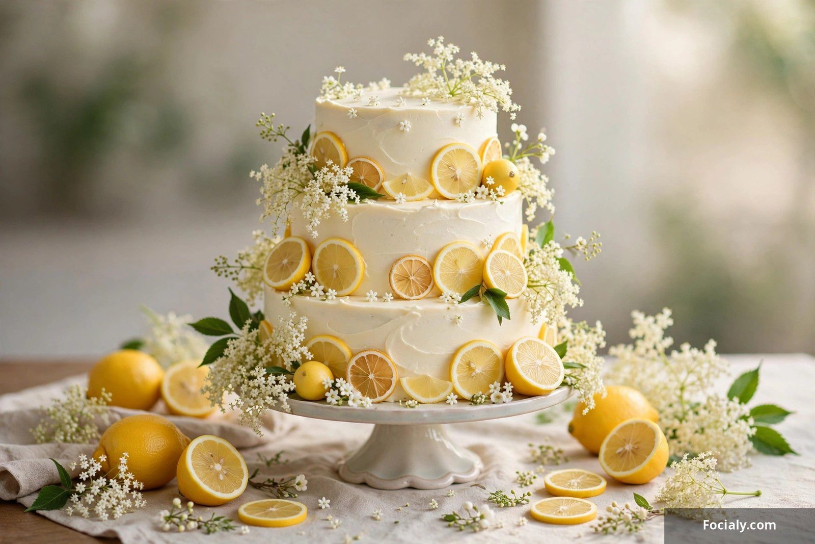 Fresh lemon and elderflower wedding cake with citrus slices and white blossoms