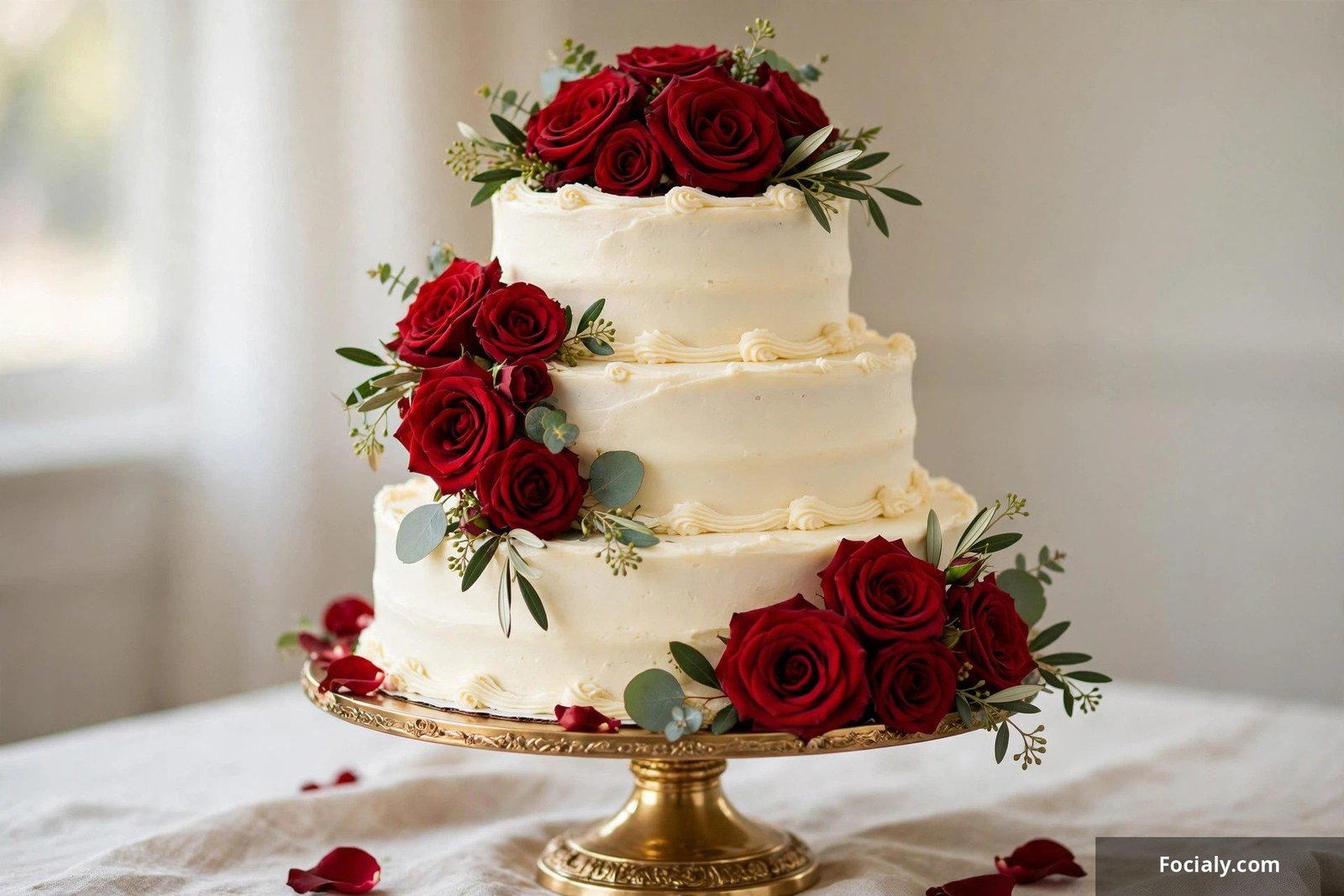Red velvet wedding cake with cream cheese frosting and deep red roses