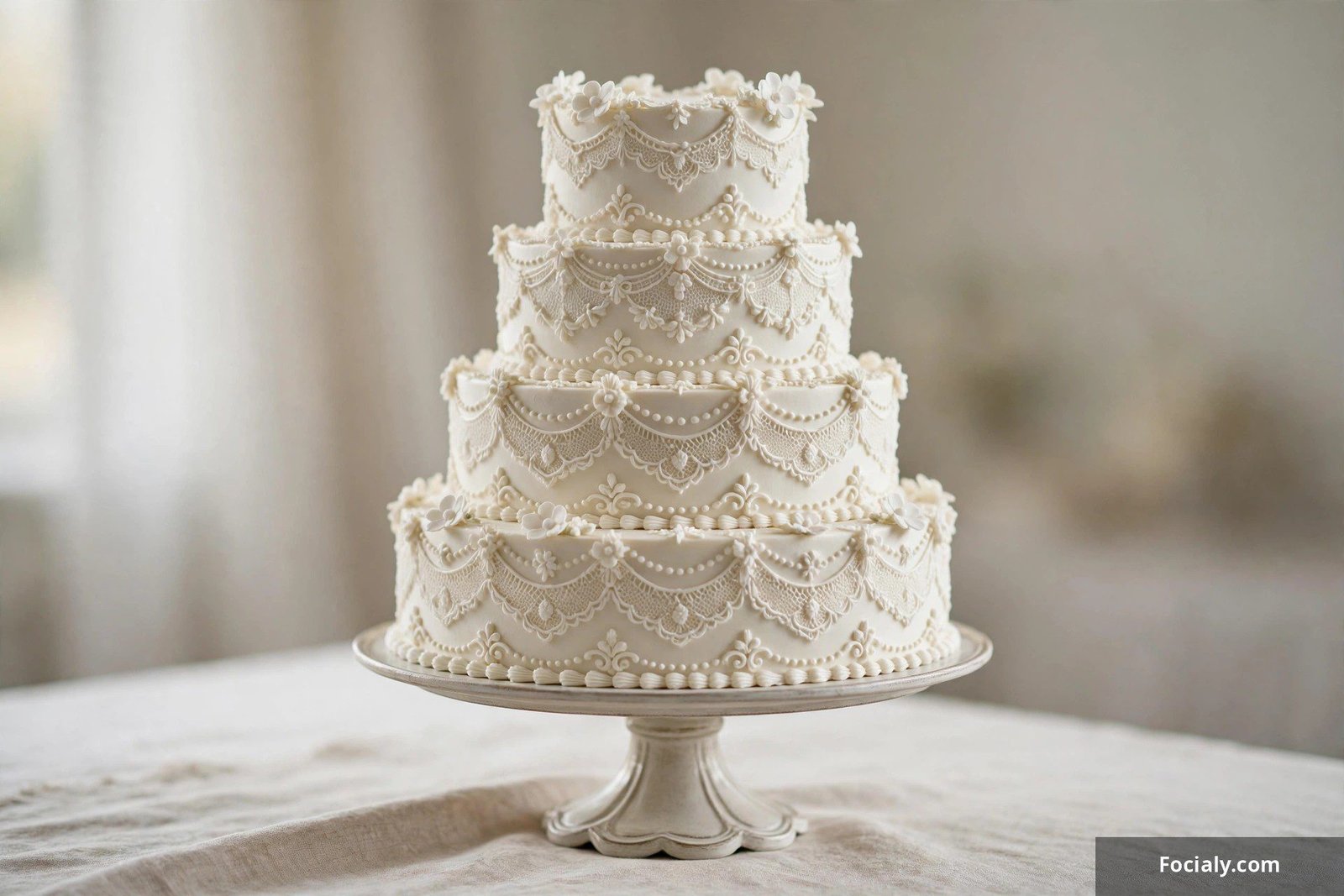 Vintage wedding cake with intricate white lace piping details