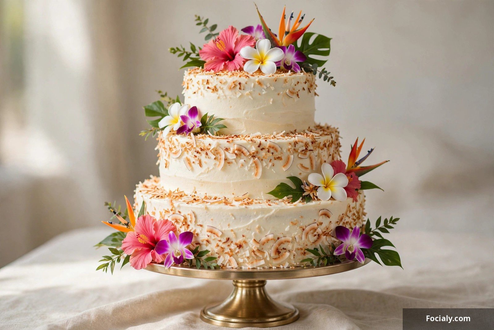 Tropical coconut wedding cake with toasted coconut flakes and bright tropical flowers