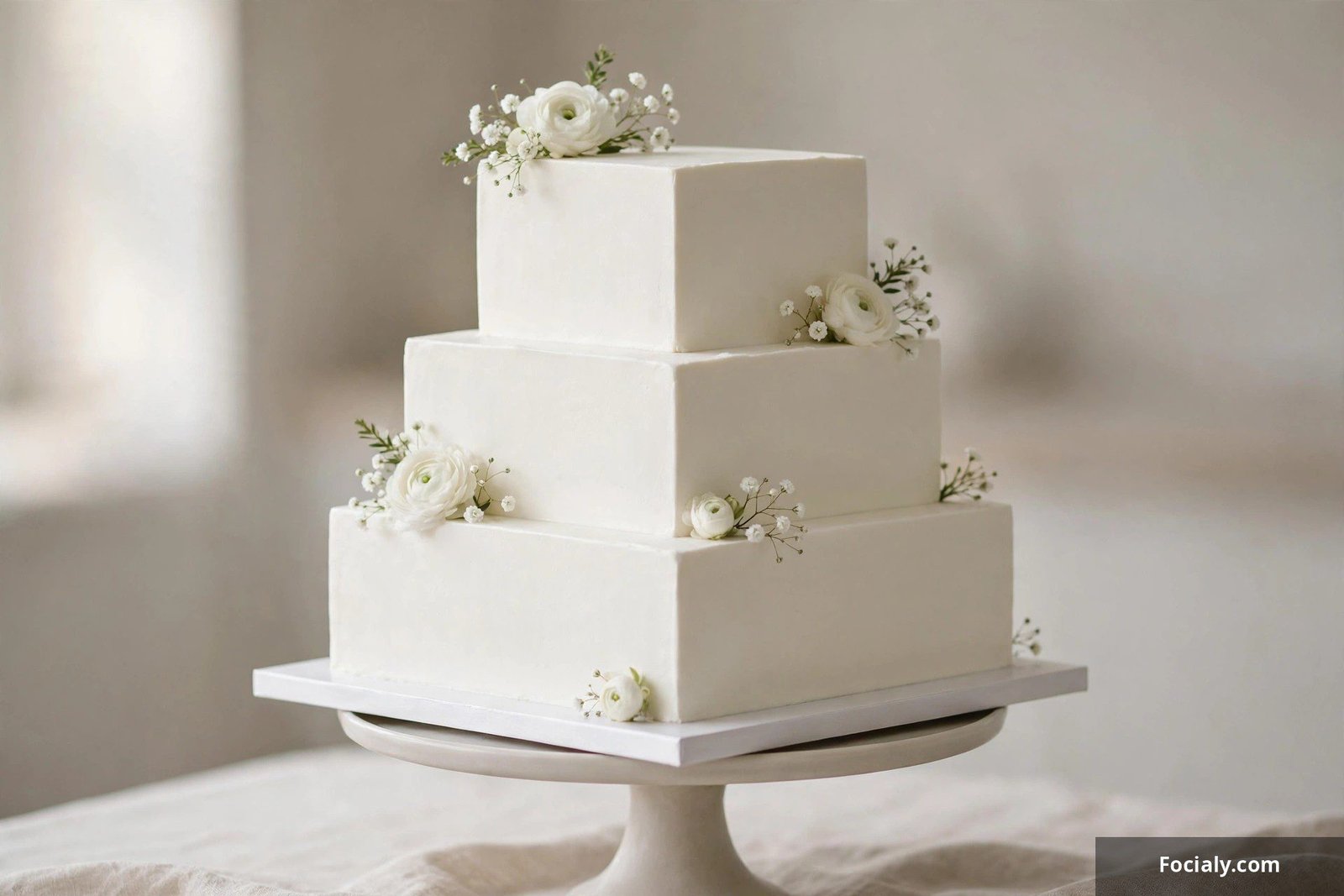 Modern square tiered wedding cake with clean lines and minimal white flowers