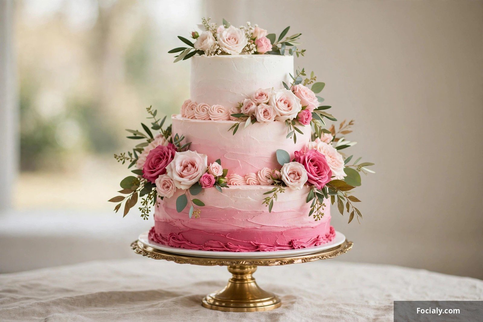 Blush pink ombre wedding cake fading from deep pink to white with roses