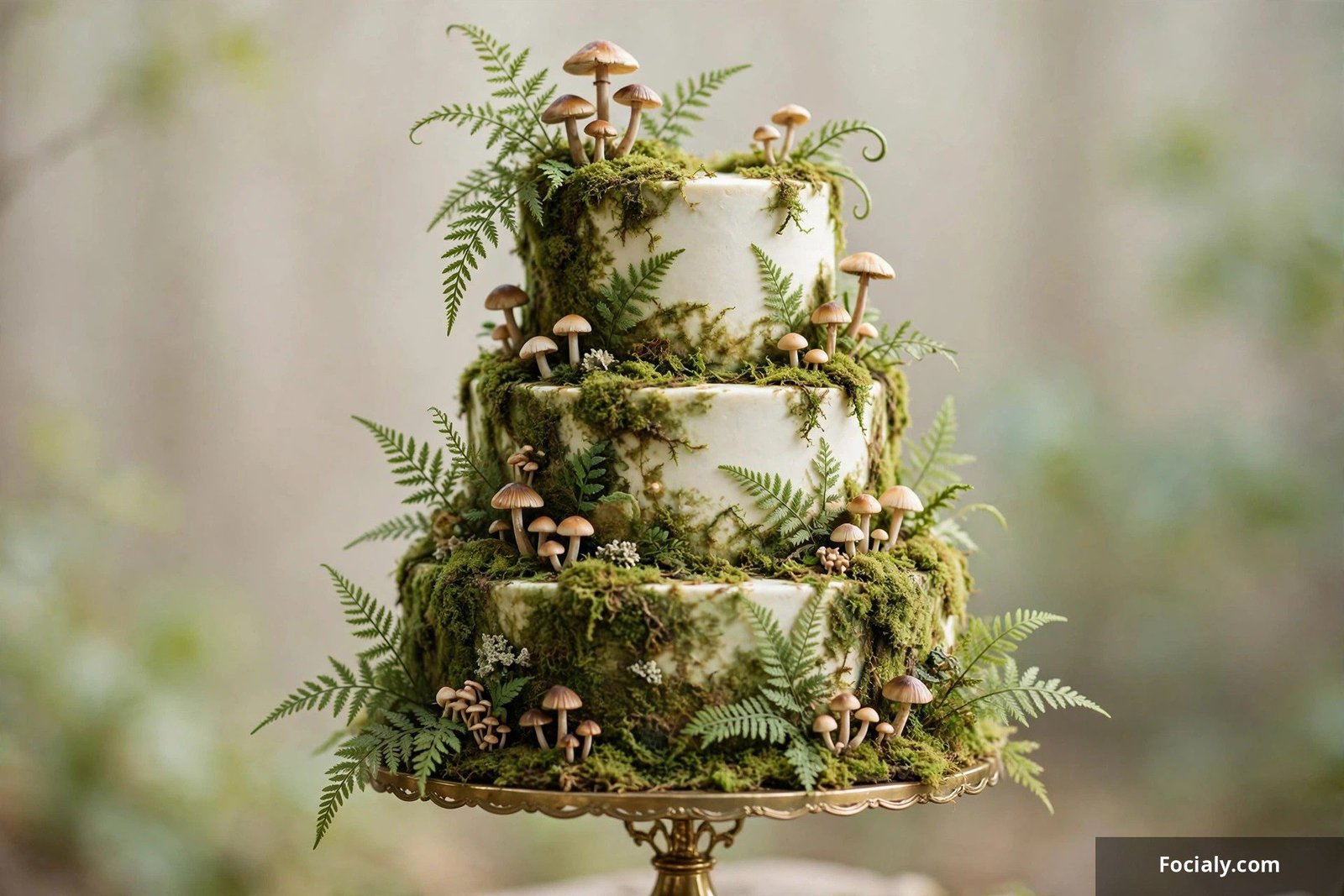 Woodland wedding cake with green moss texture ferns and small mushrooms