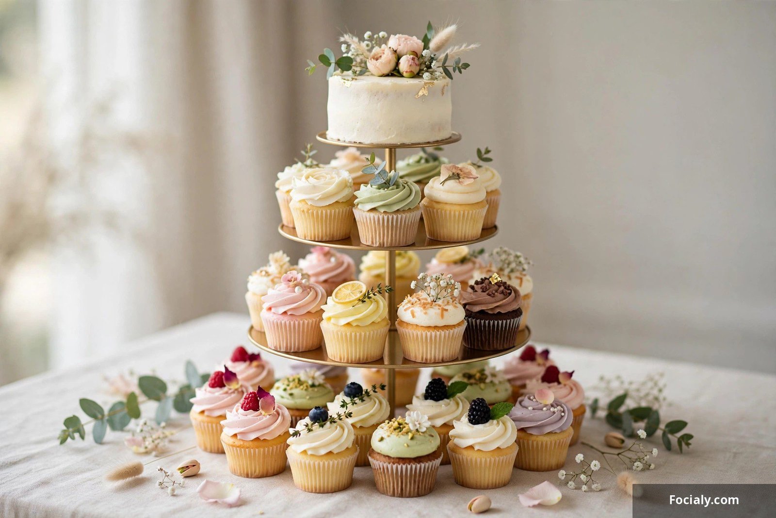 Elegant cupcake tower with assorted frosted cupcakes and a small cutting cake on top
