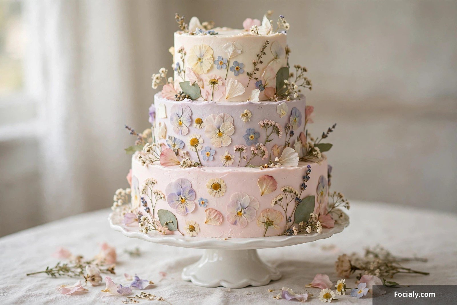 Pastel wedding cake decorated with pressed edible flowers in soft colors