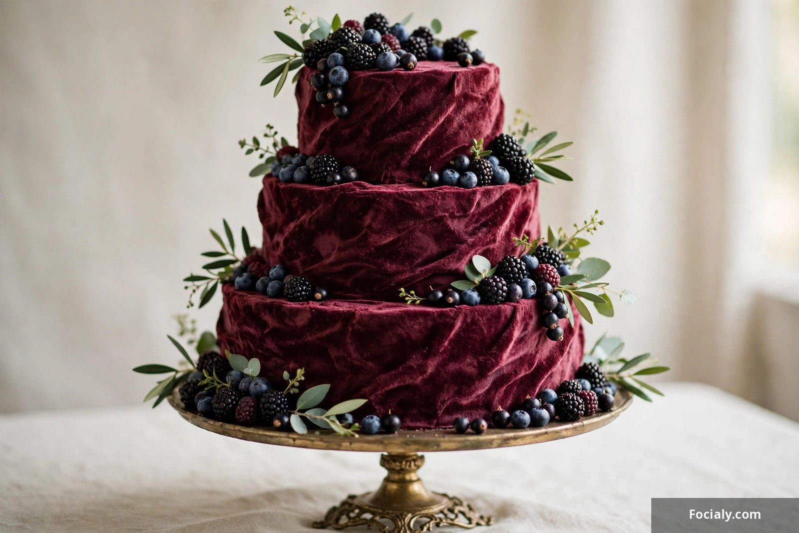 Deep burgundy velvet textured wedding cake with dark berries and blackberries