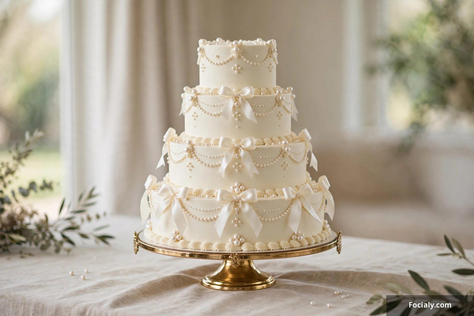 Ivory wedding cake with edible pearls and silk ribbon bow details
