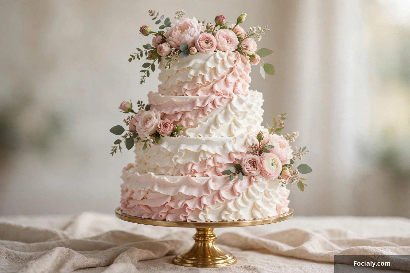 Wedding cake with cascading buttercream ruffles in blush and white