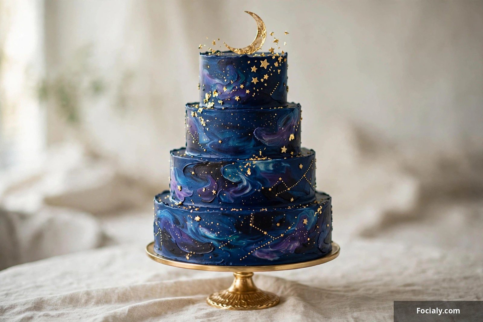Midnight blue galaxy wedding cake with edible gold stars and moon details