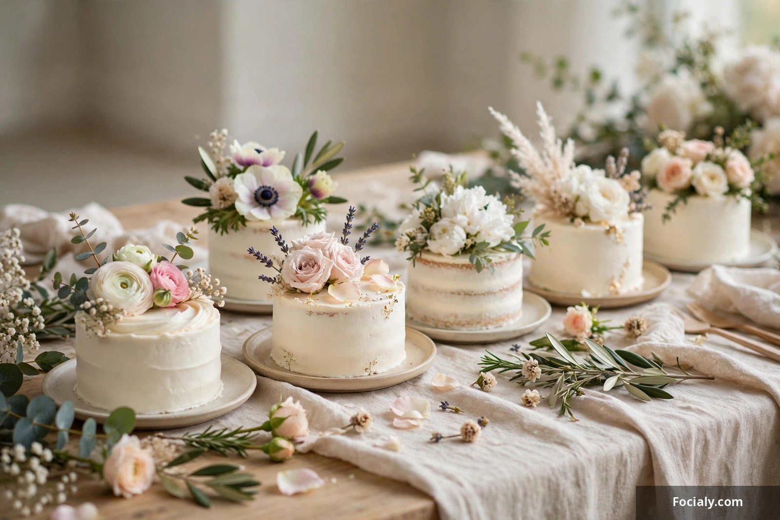 Small individual mini wedding cakes as table centerpieces with flowers