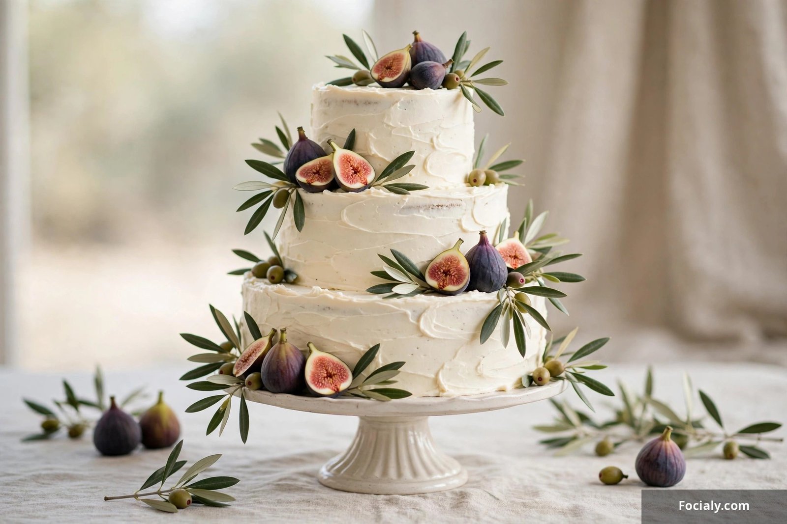 Mediterranean wedding cake with olive branches figs and creamy white frosting