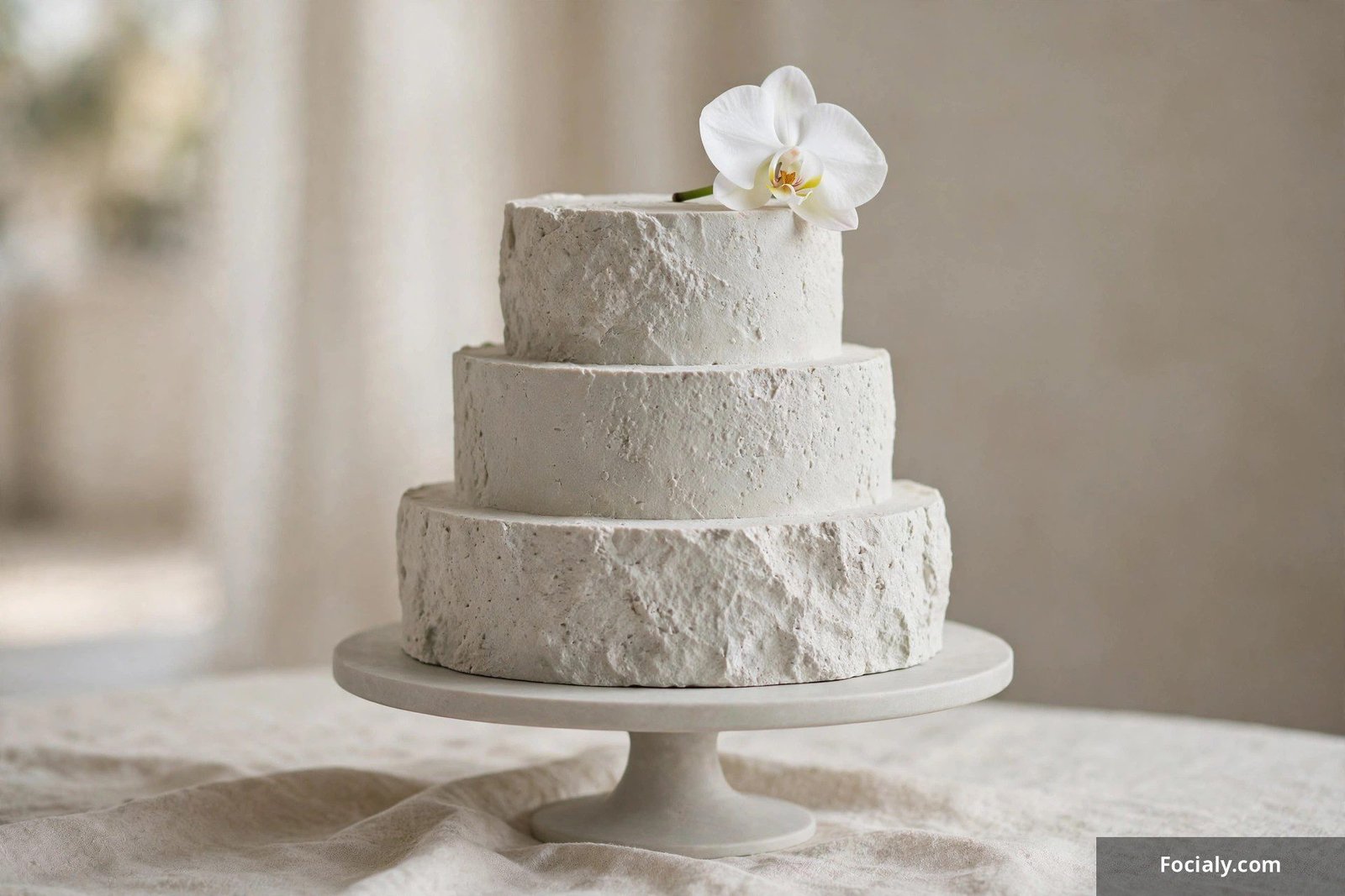 Minimalist stone textured wedding cake with a single white orchid