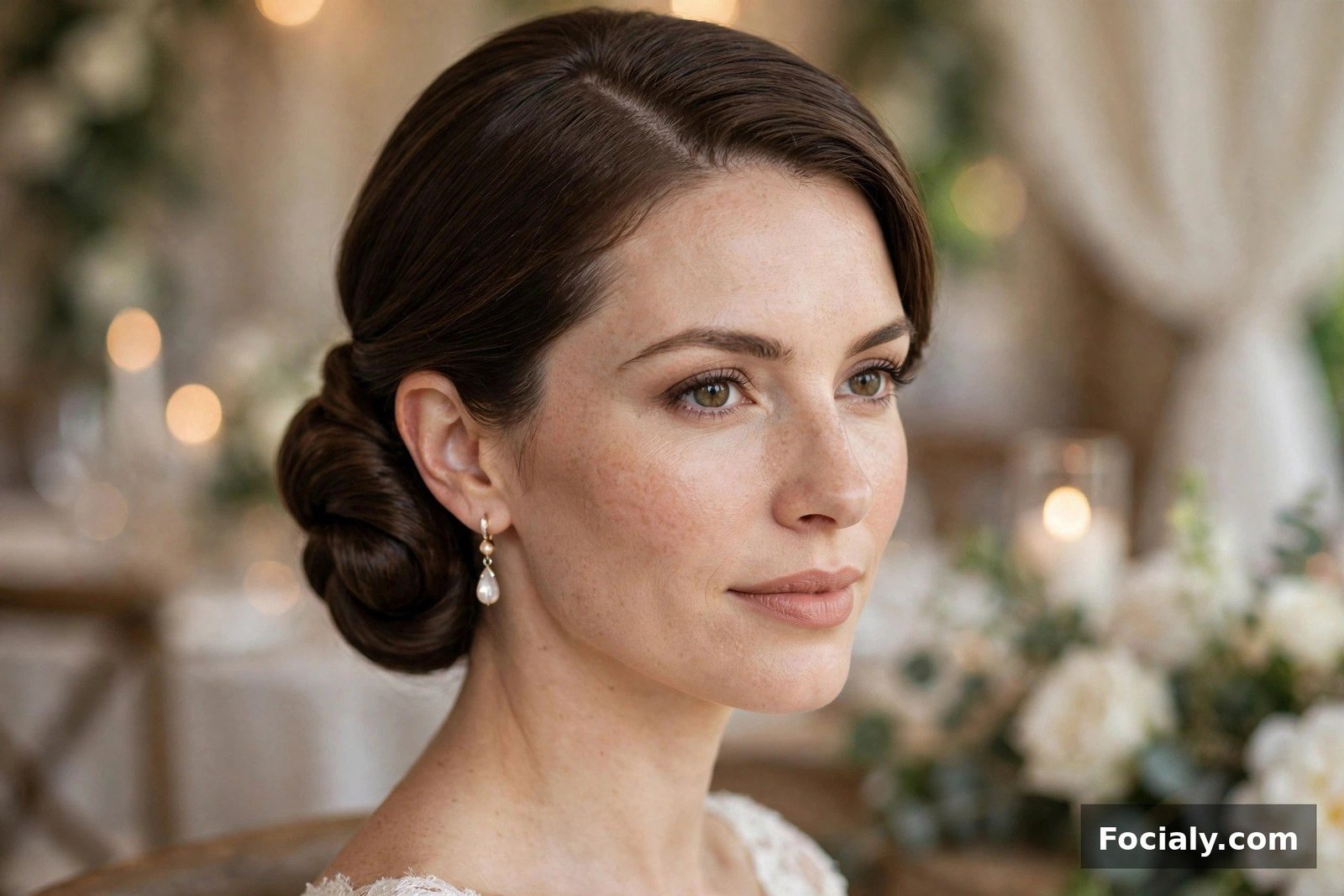 Woman with a classic low chignon hairstyle wearing an elegant dress at a wedding