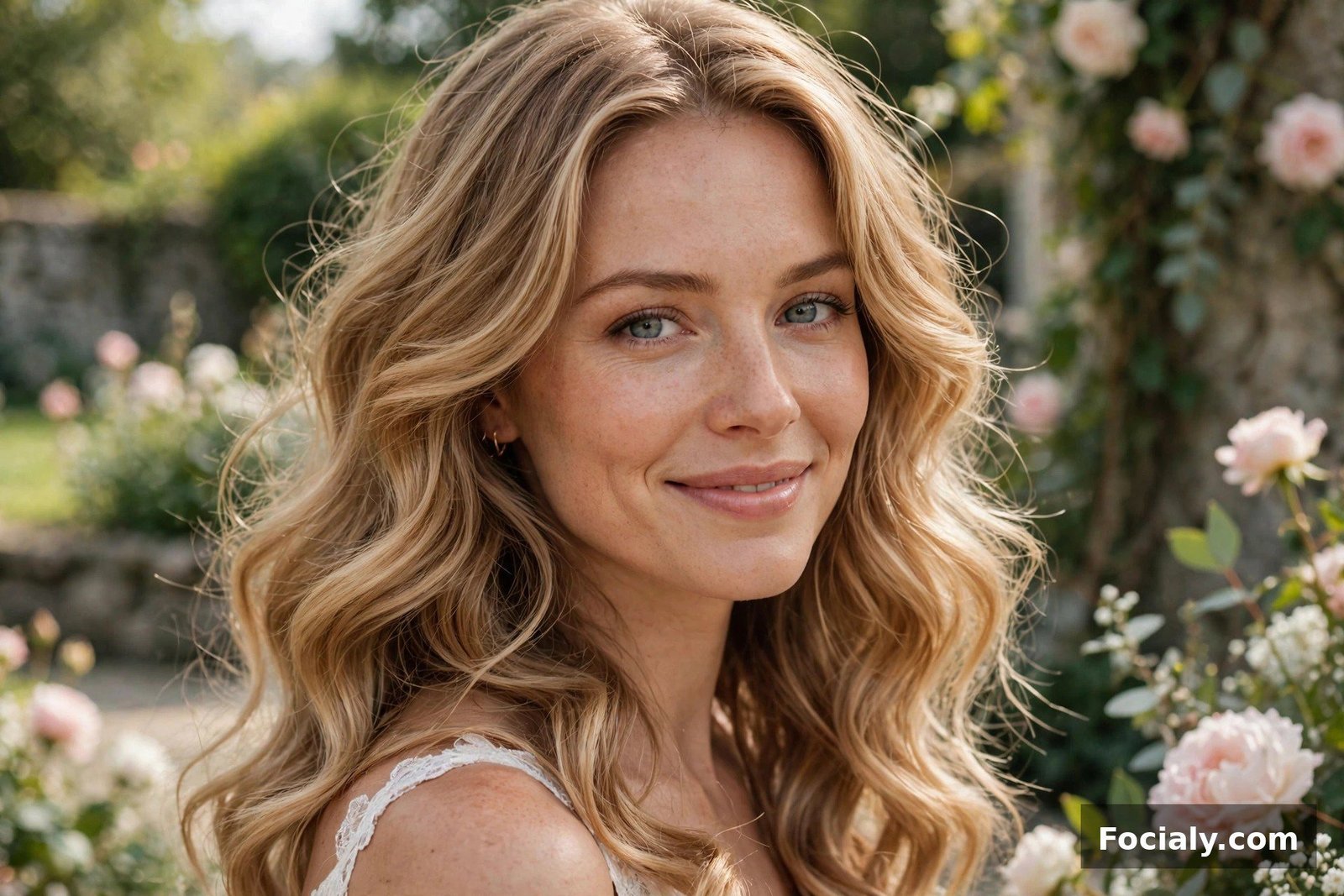 Woman with romantic loose waves hairstyle smiling at an outdoor wedding