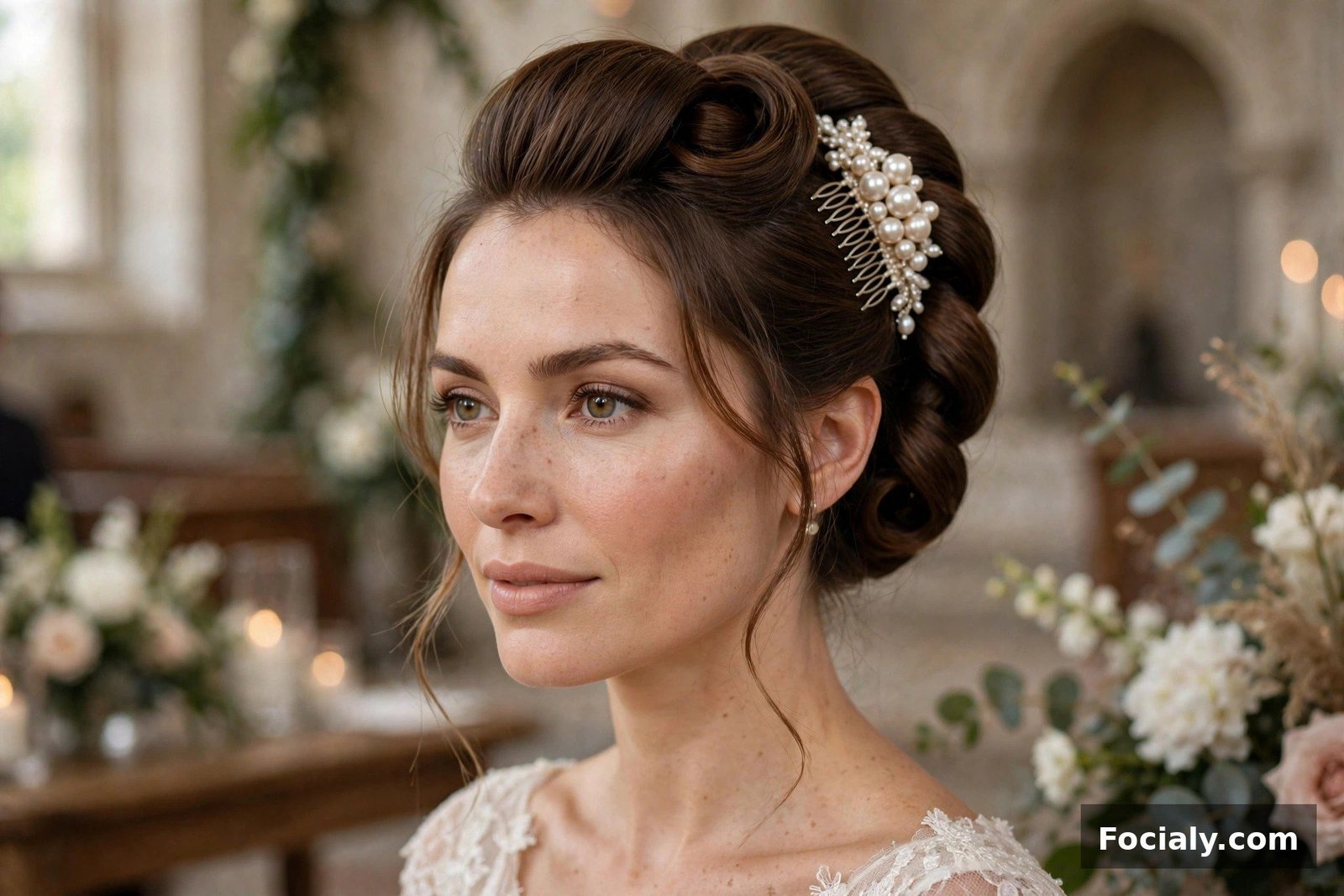 Woman with an elegant French twist updo at a formal wedding ceremony