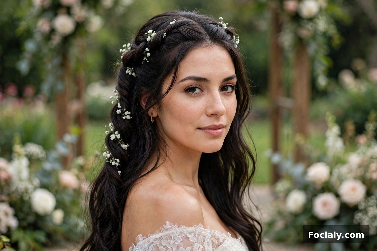 Woman with a half-up twisted crown hairstyle at a wedding