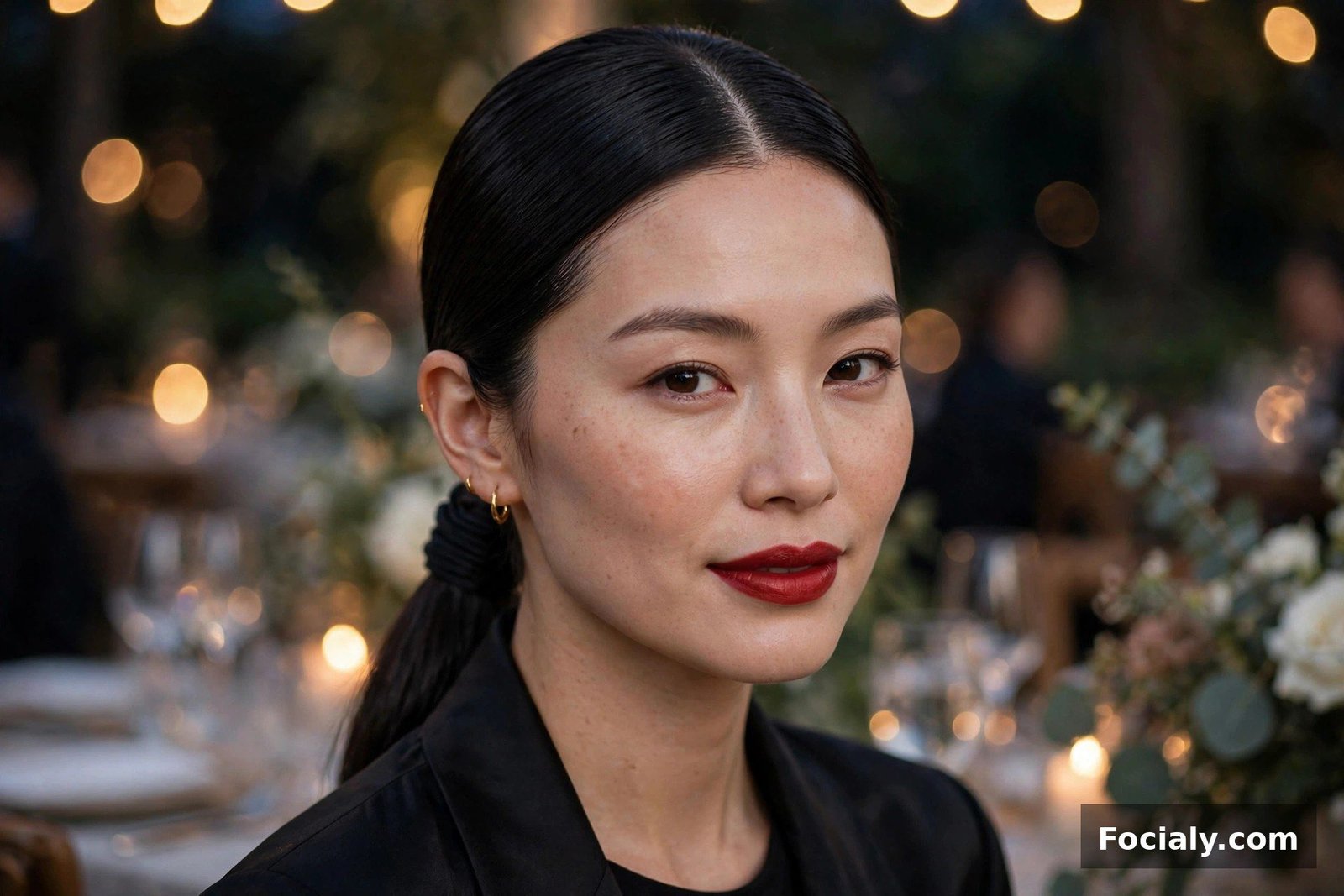 Woman with a sleek low ponytail hairstyle at a wedding reception