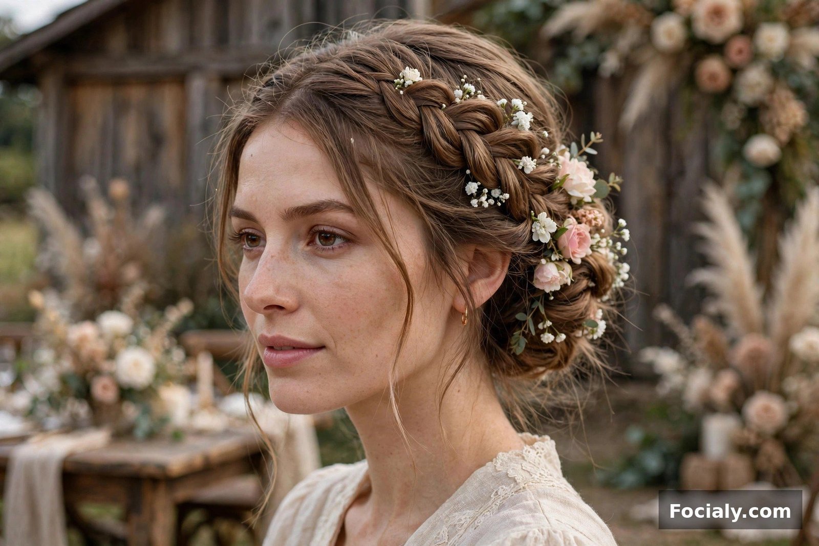Woman with a braided updo decorated with small flowers at a wedding