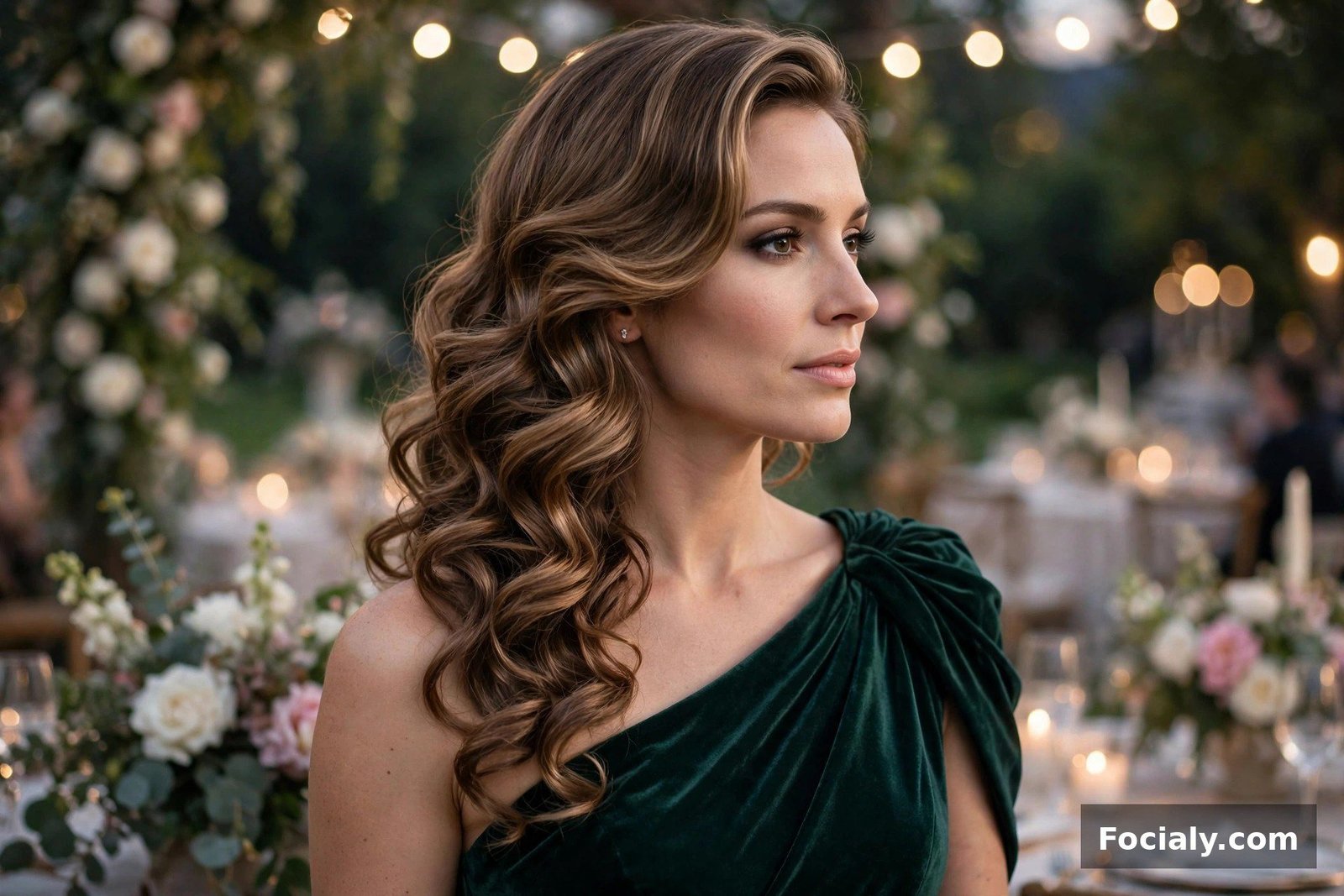 Woman with soft side-swept curls hairstyle wearing a formal gown