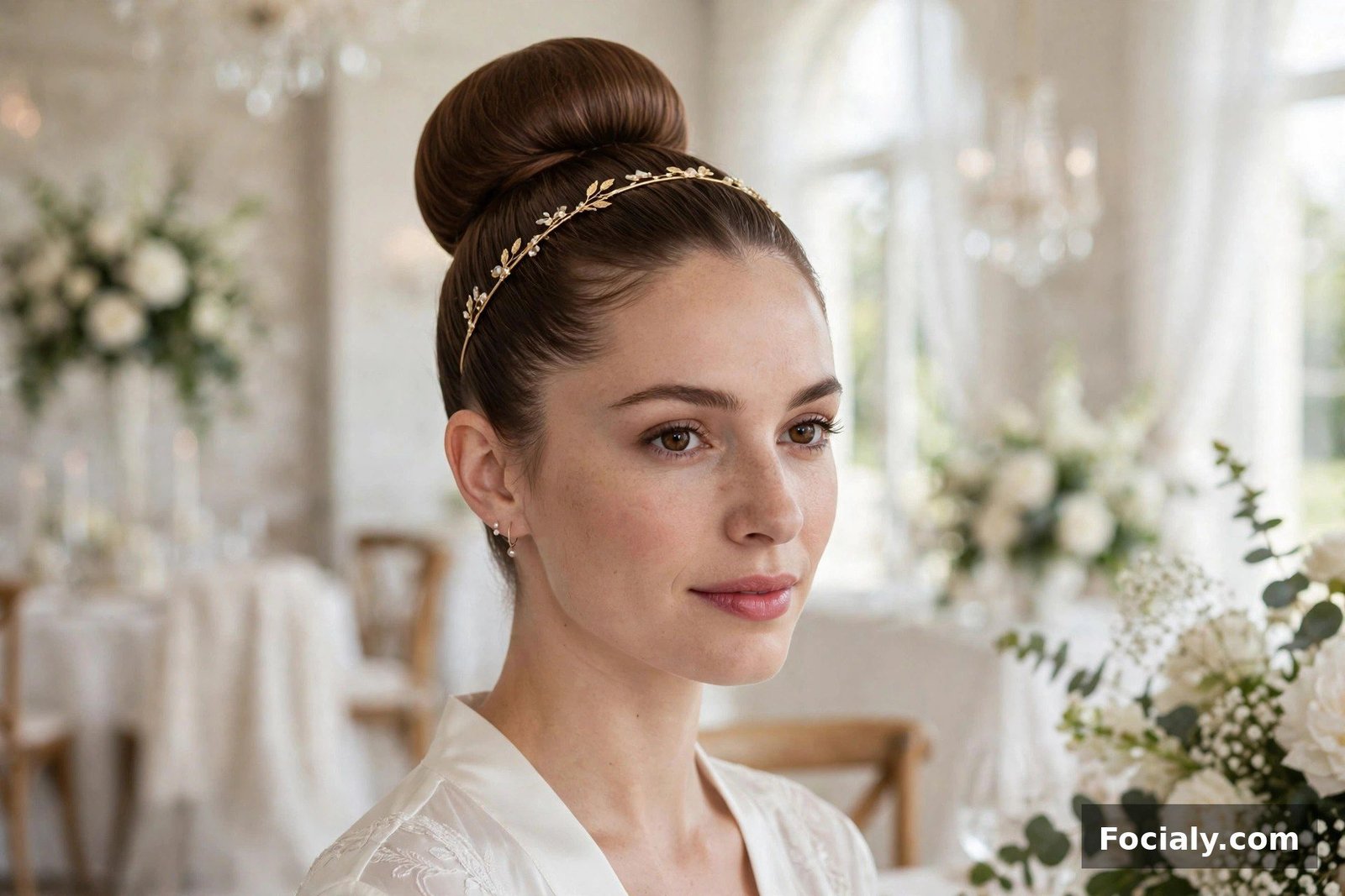 Woman with a high ballerina bun hairstyle at a wedding