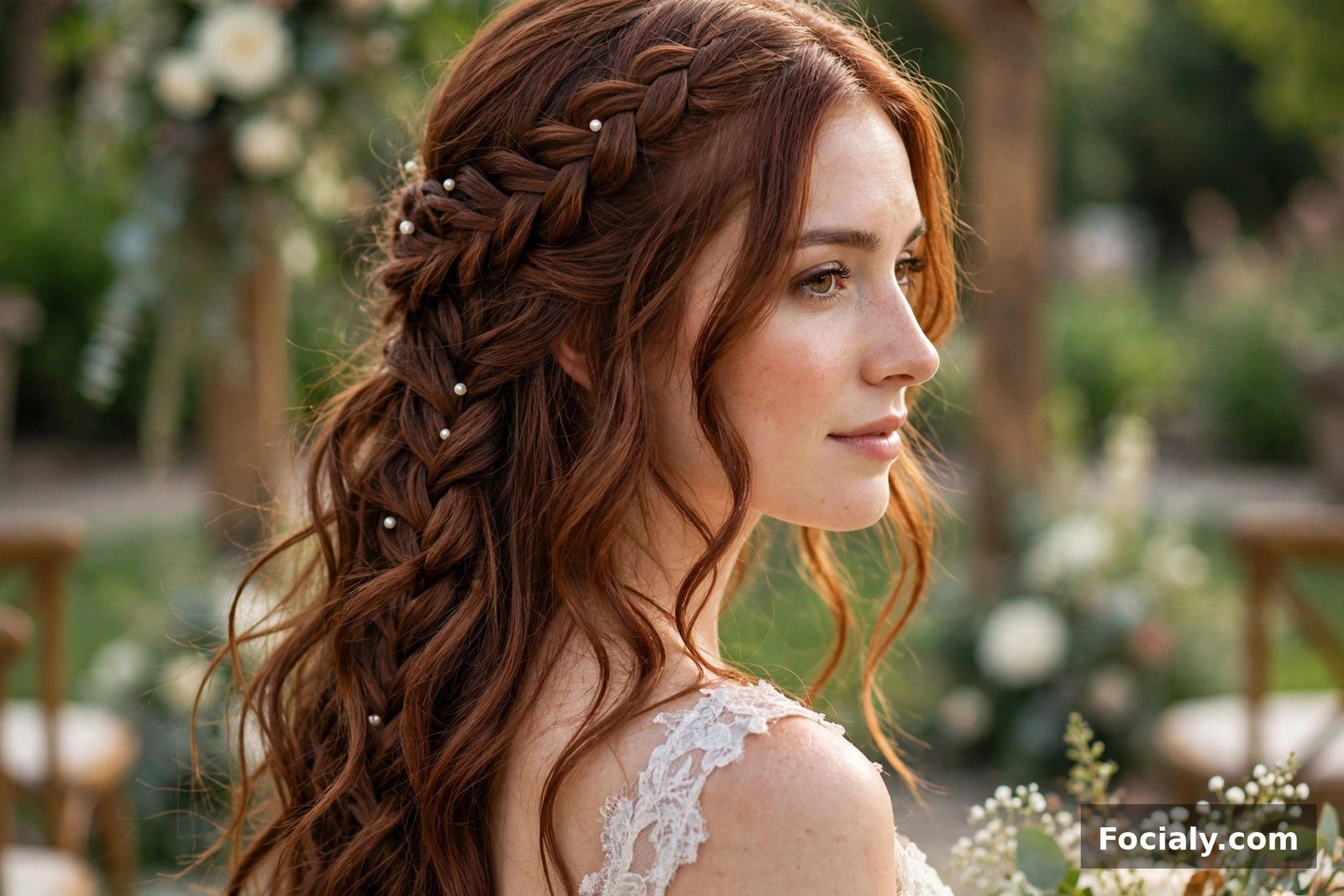 Woman with a waterfall braid hairstyle flowing through long wavy hair