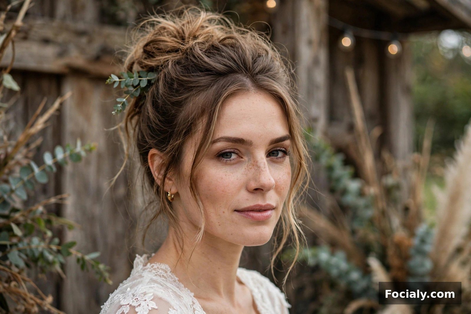 Woman with a textured messy bun hairstyle at a casual wedding