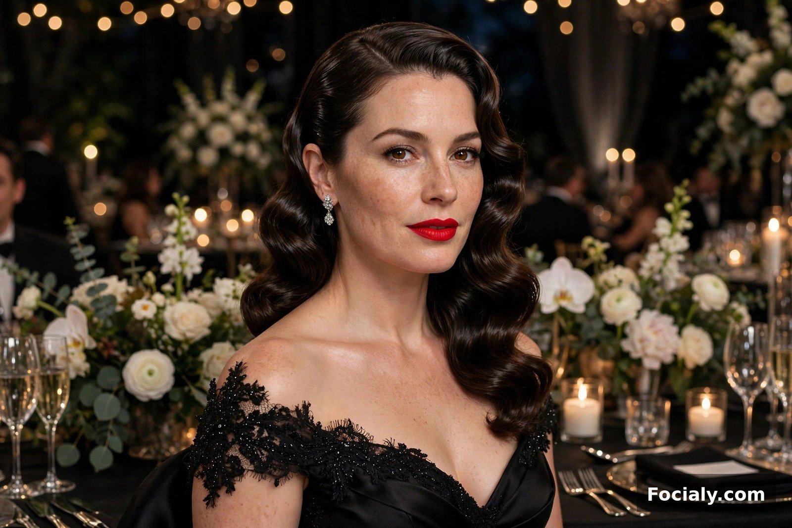 Woman with vintage Hollywood waves hairstyle in a glamorous gown