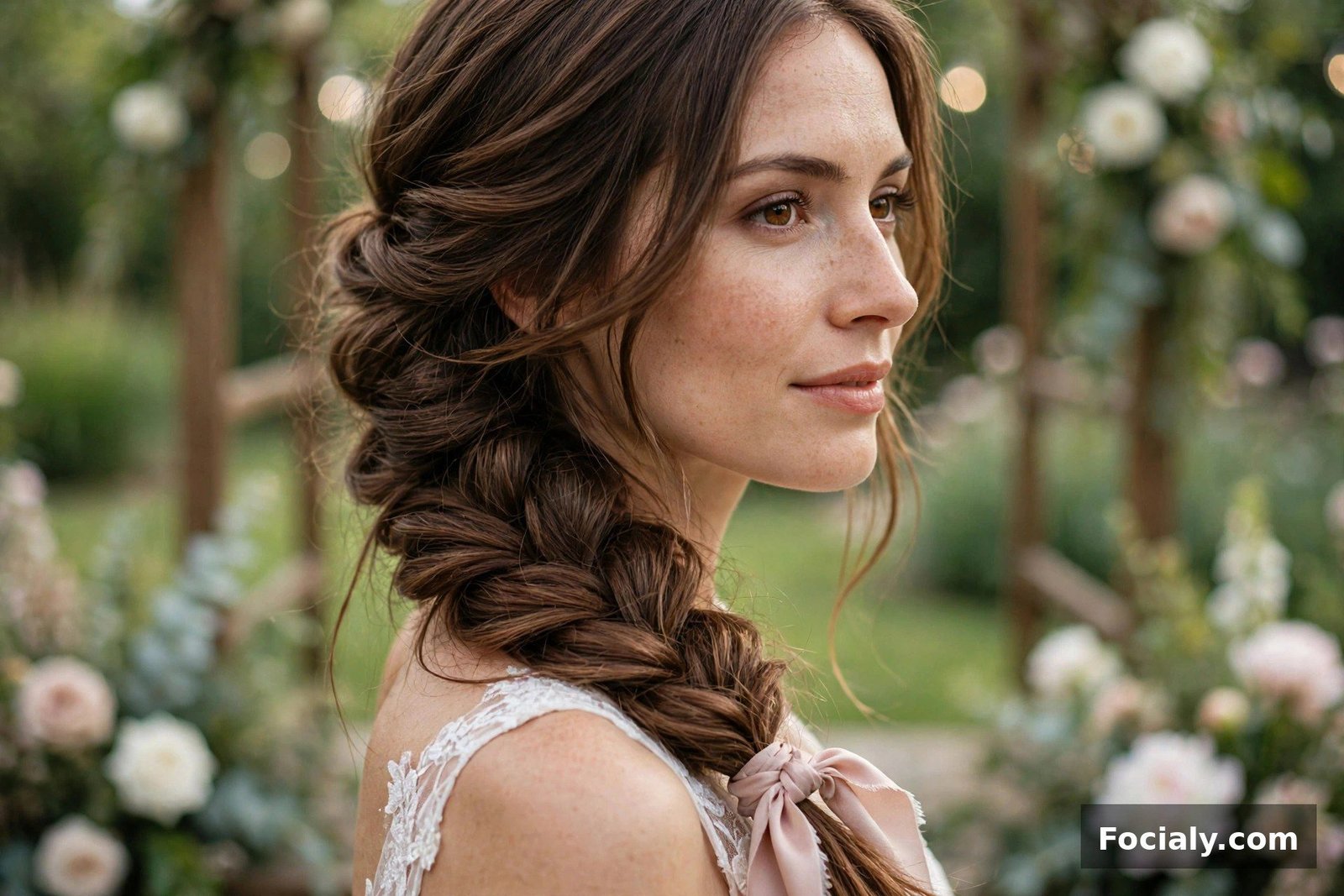 Woman with a fishtail braid swept to one side at a wedding