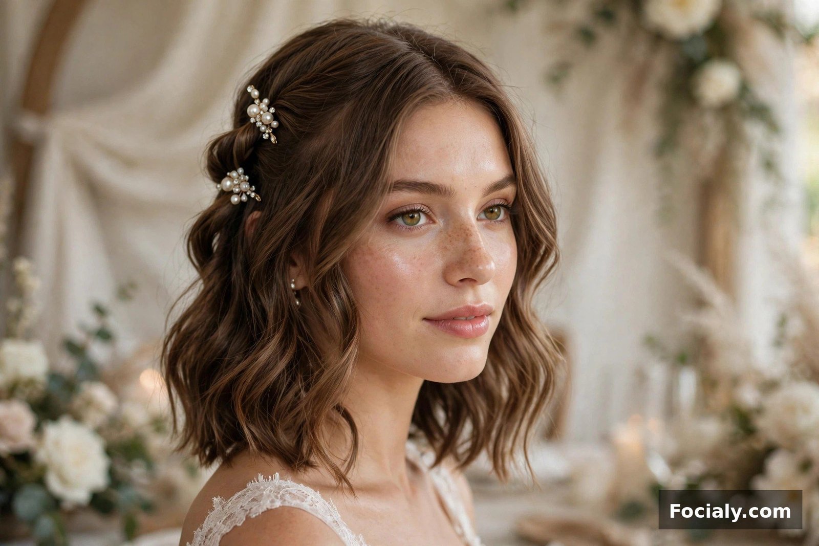 Woman with a twisted half-up hairstyle decorated with jeweled pins