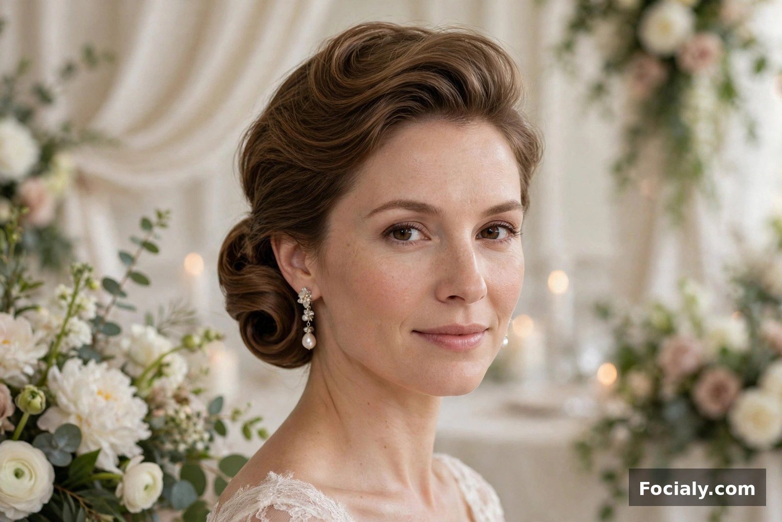 Woman with a low rolled updo hairstyle at an elegant wedding