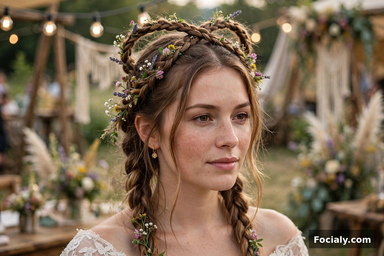 Woman with a boho braided crown hairstyle at an outdoor wedding