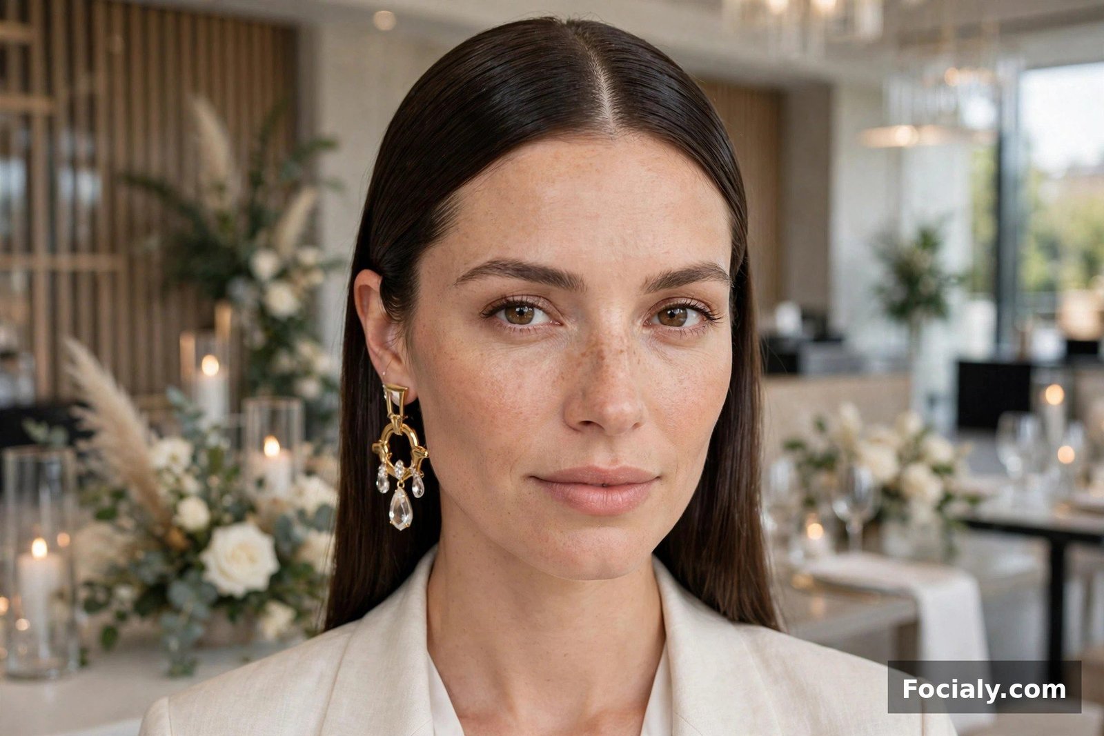 Woman with polished straight hair and a middle part at a wedding