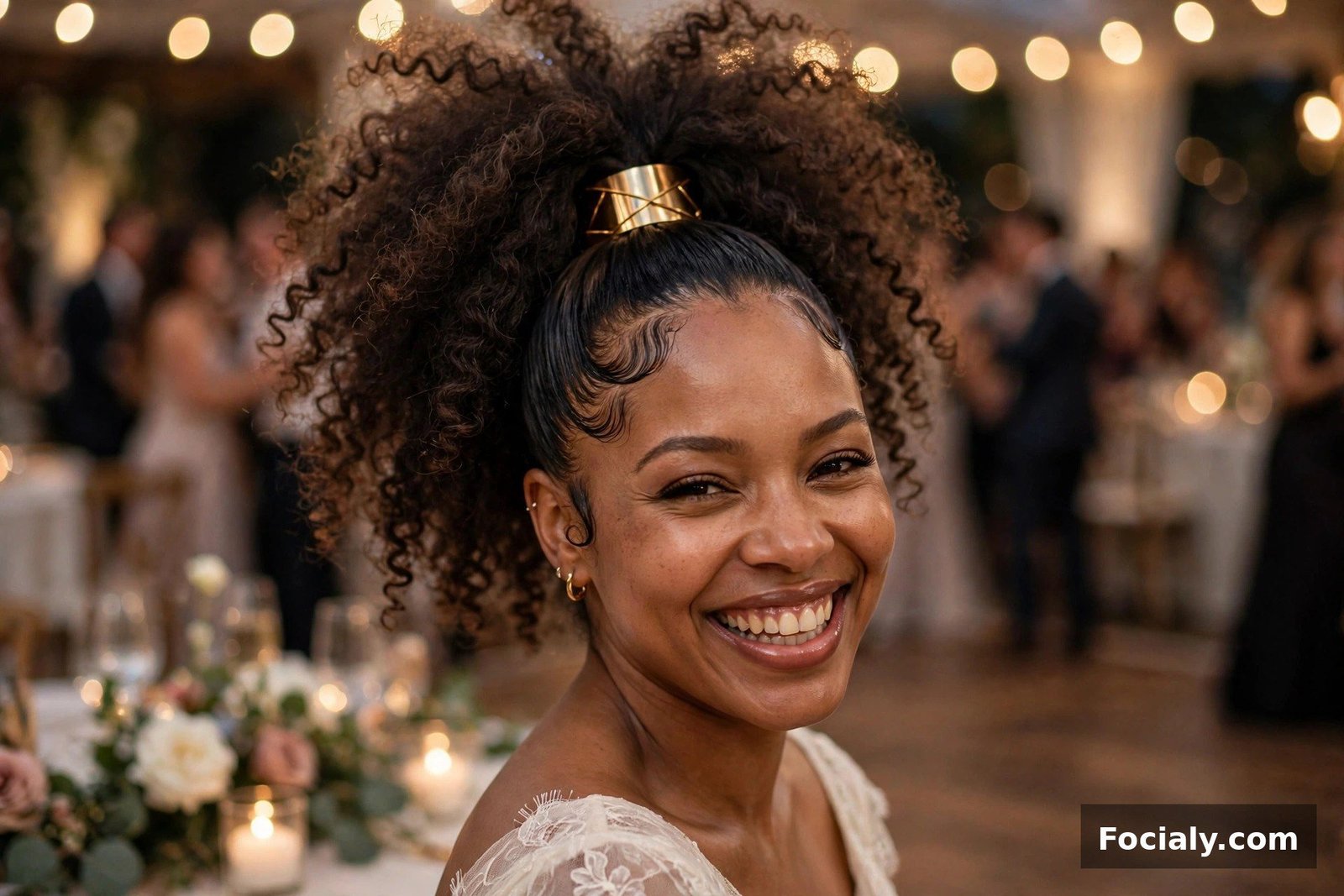 Woman with a curly high ponytail hairstyle dancing at a wedding
