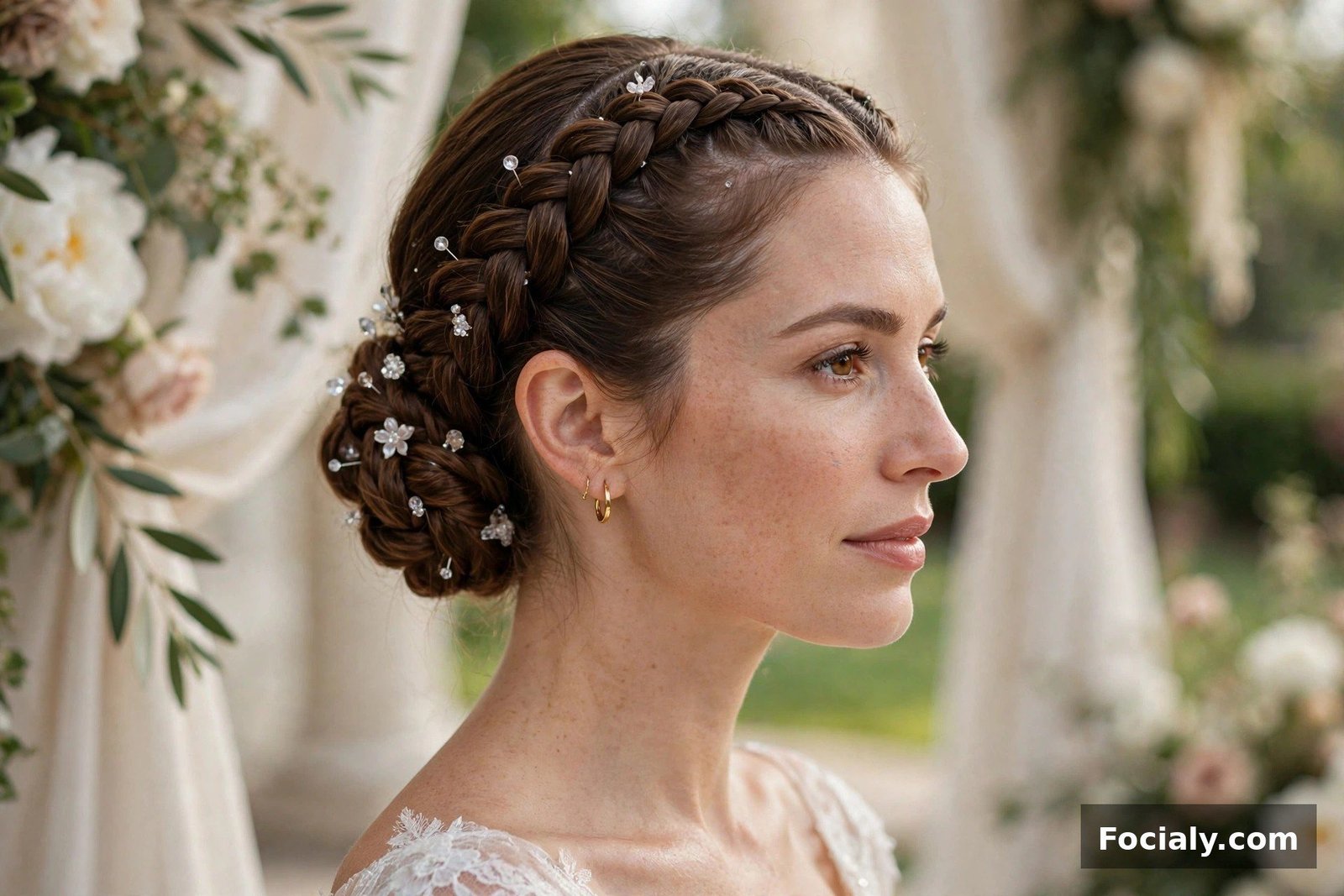 Woman with a Dutch braid styled into an elegant updo
