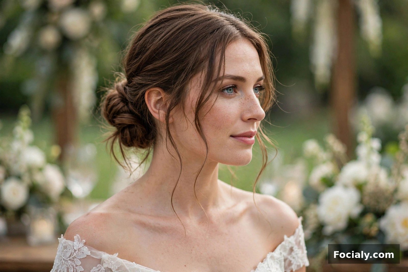 Woman with a side bun and loose tendrils framing her face