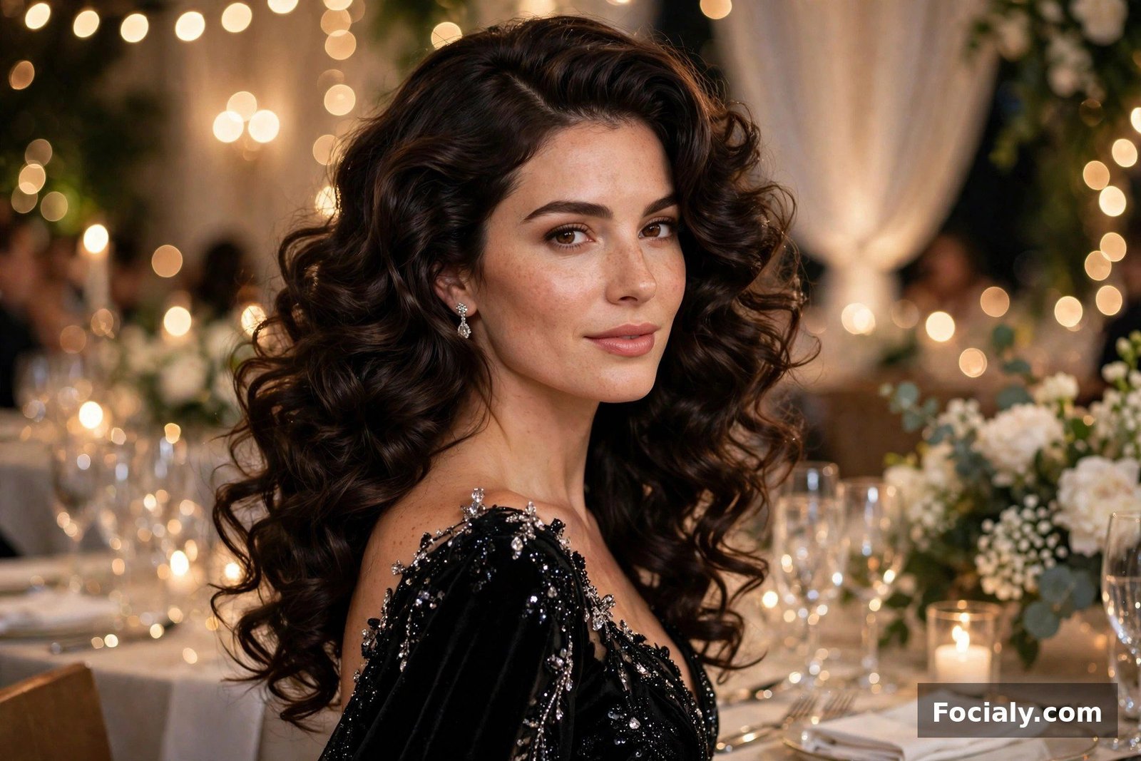 Woman with glamorous voluminous curls at a black-tie wedding