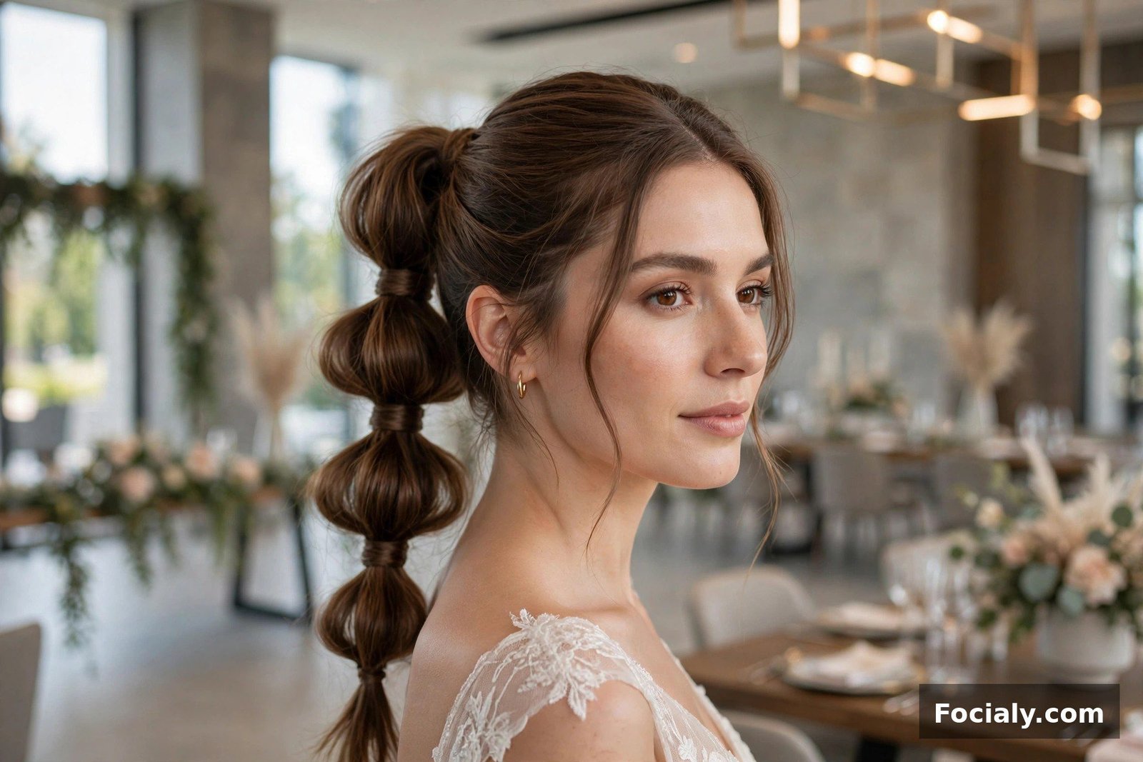 Woman with a bubble ponytail hairstyle at a modern wedding