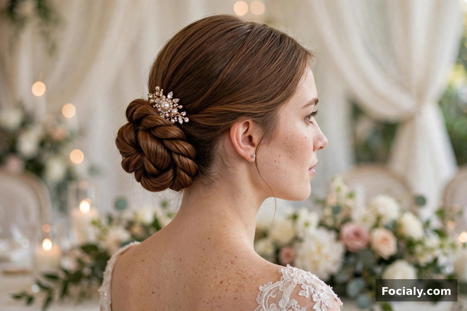 Woman with a twisted low bun hairstyle at a wedding ceremony