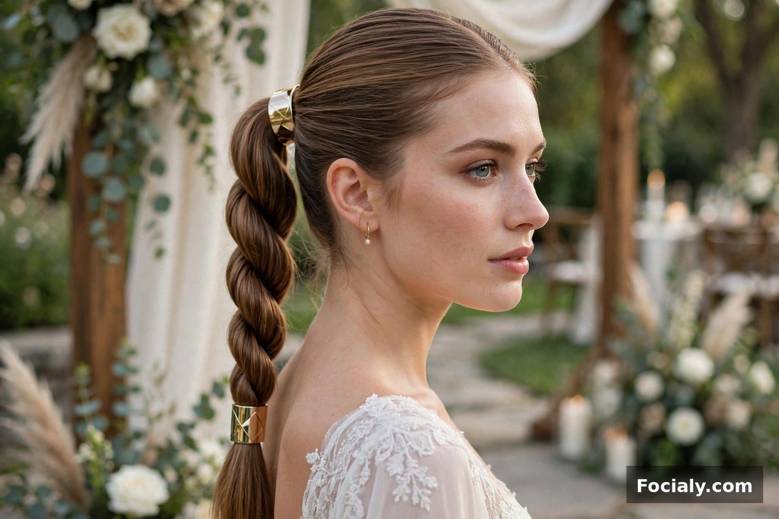 Woman with a rope braid ponytail hairstyle at a wedding