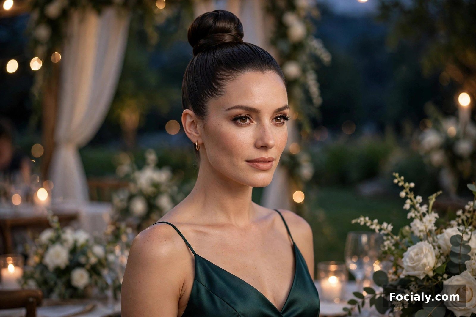Woman with an elegant top knot hairstyle wearing a cocktail dress