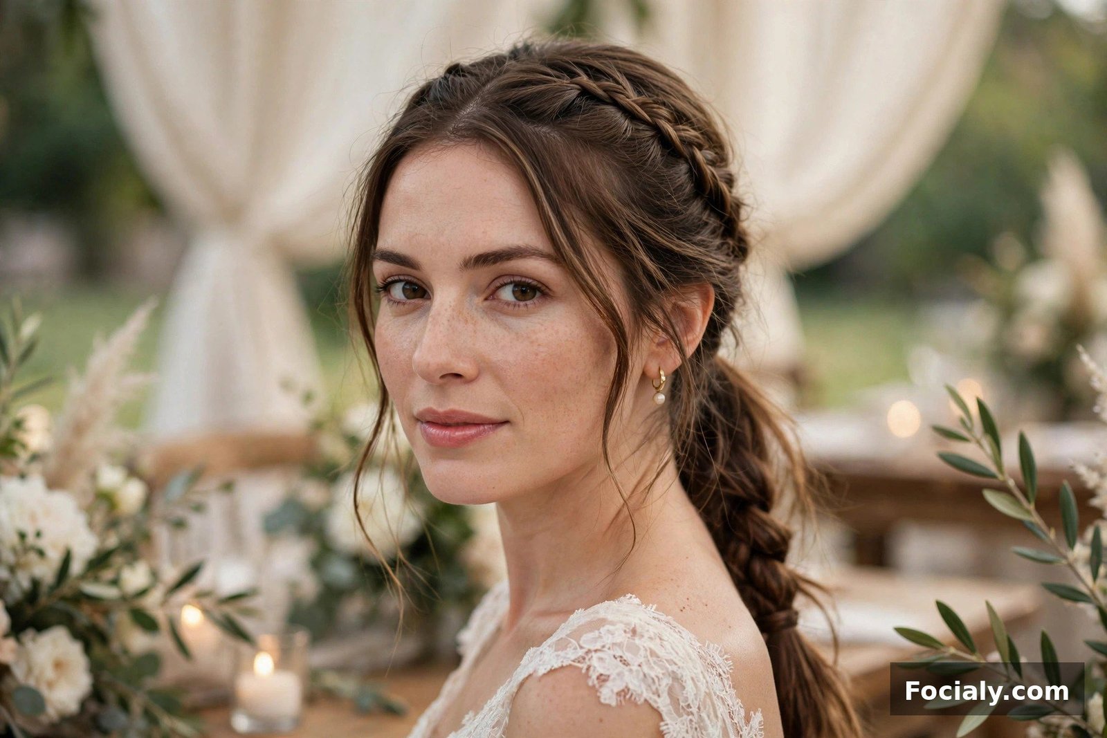Woman with a braided low ponytail hairstyle at a wedding