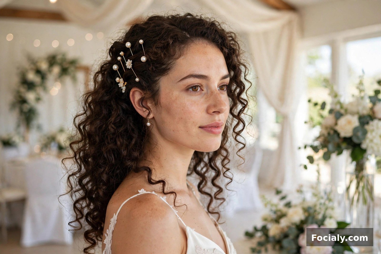Woman with curls pinned back from her face at a wedding