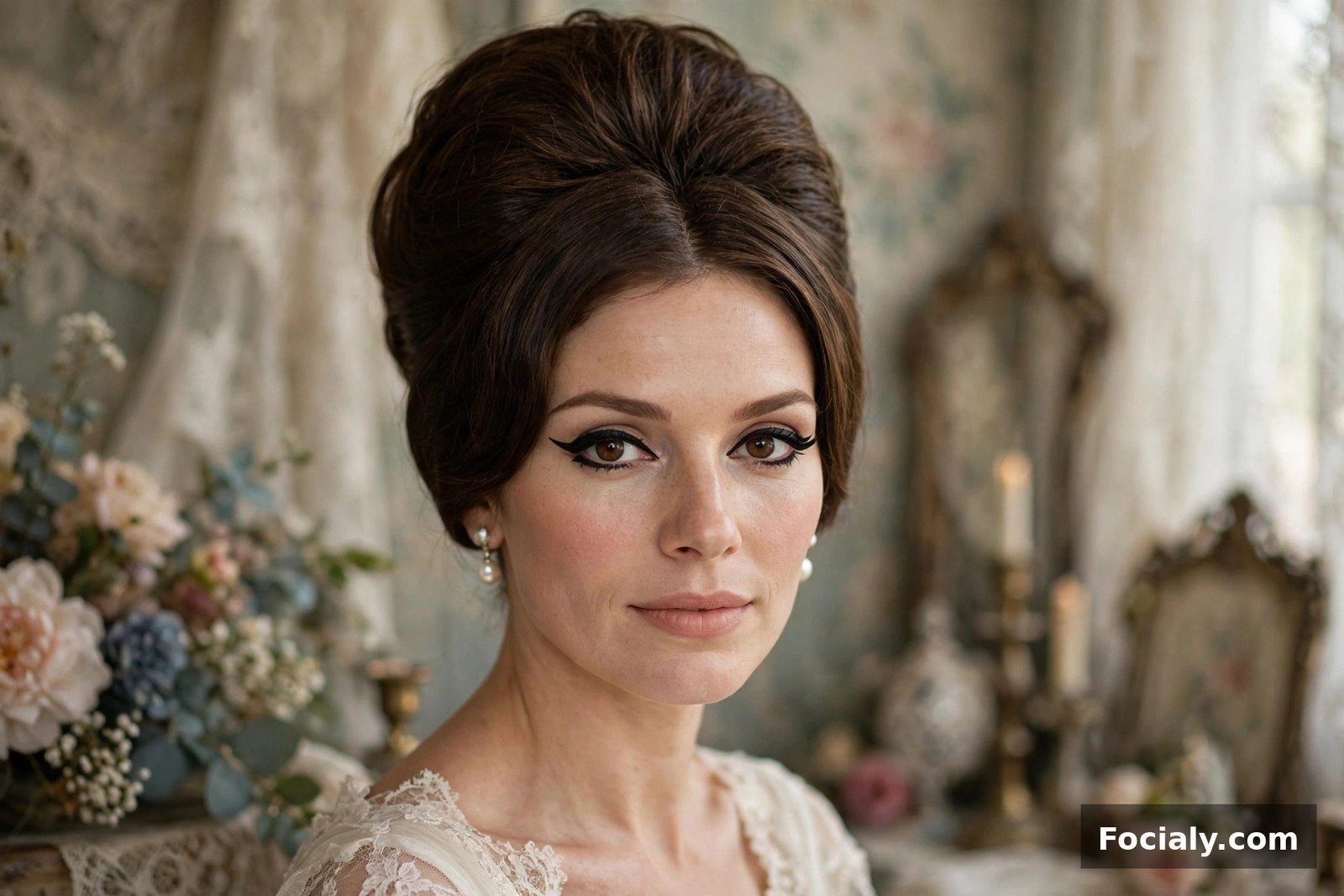 Woman with a sophisticated beehive hairstyle at a vintage-themed wedding