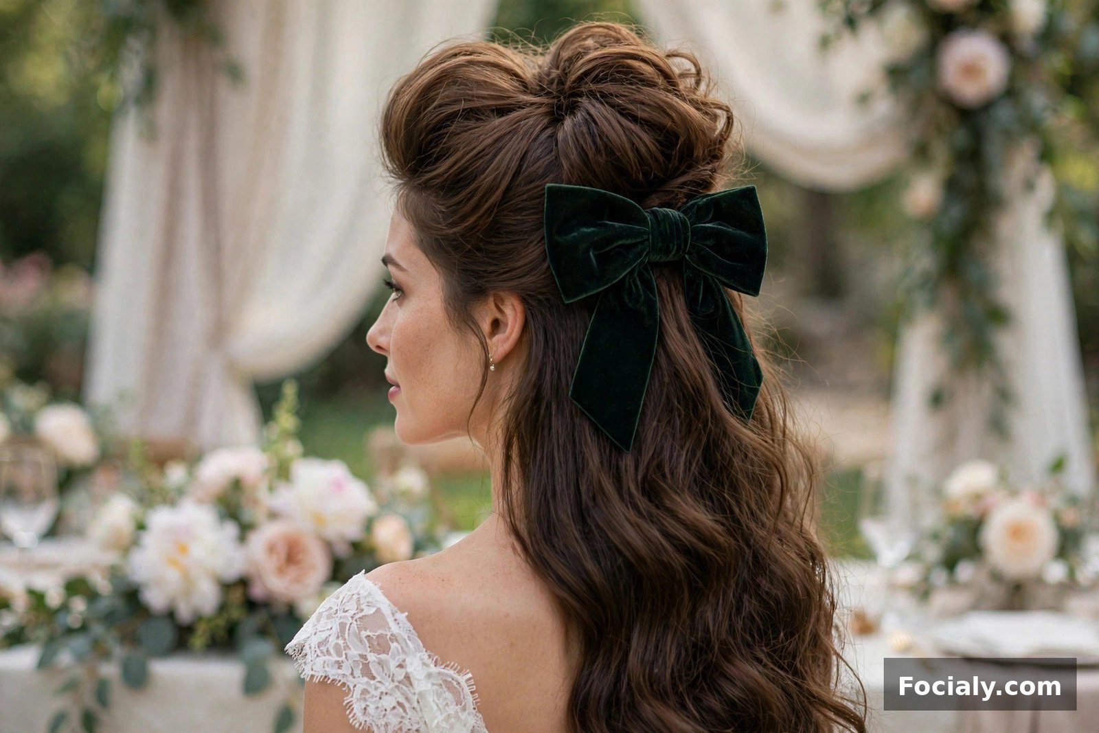 Woman with a half-up bouffant hairstyle at a wedding